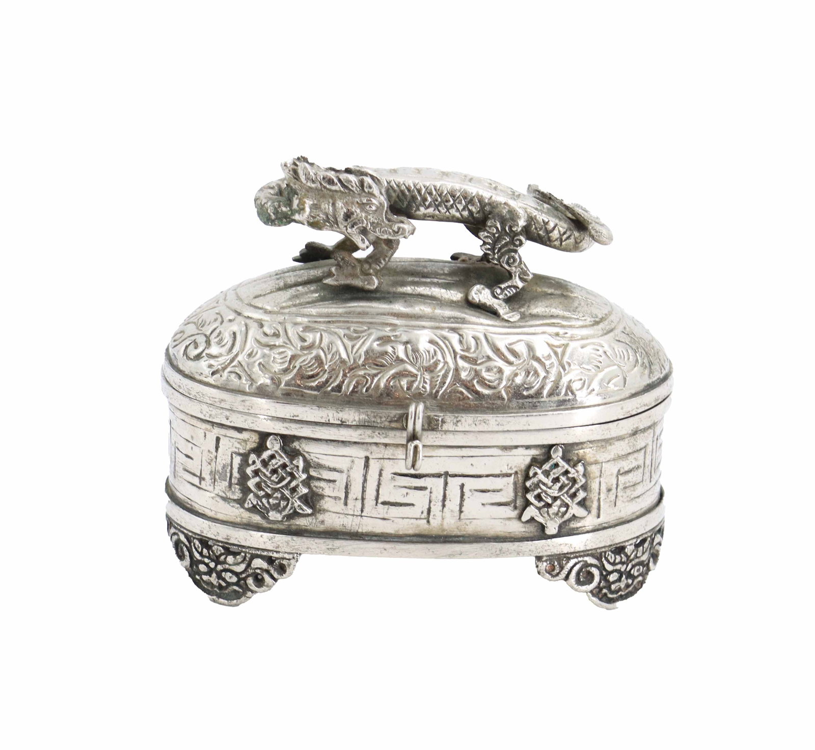 Chinese Mixed Metal Silver Tone Dragon Handled Jewelry Box: Chinese Mixed Metal Silver Tone Dragon Handled Jewelry Box. Silver-tone trinket box, featuring an oval body decorated with repoussé floral and geometric patterns and a hinged lid topped wi