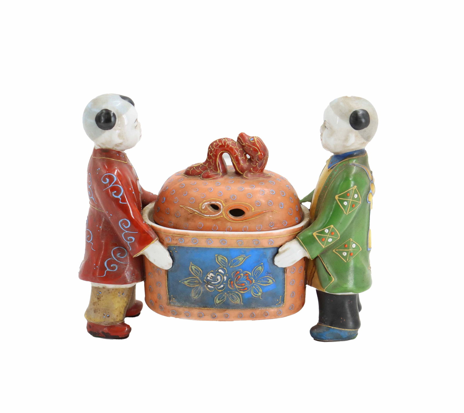 Vintage Neiman Marcus Japanese Porcelain Figural Incense Burner: Vintage Neiman Marcus Japanese Porcelain Figural Incense Burner. Comprised of two child figures holding up a box in the middle which is lidded and has two small vents in the top for the smoke to escap
