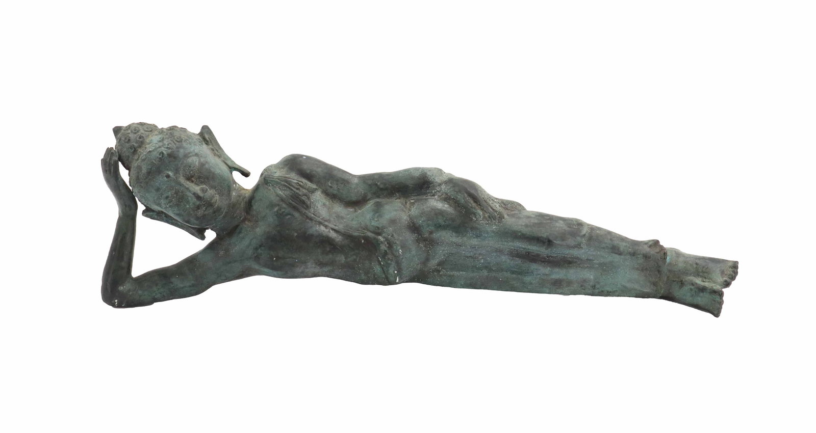 20th Century Thai Bronze Reclining Sukothai Buddha Statue: 20th Century Thai Bronze Reclining Sukothai Buddha Statue. Size: 5 x 18 x 5 in. This statue depicts the Buddha in the posture of Parinirvana, representing the moment of his final liberatio