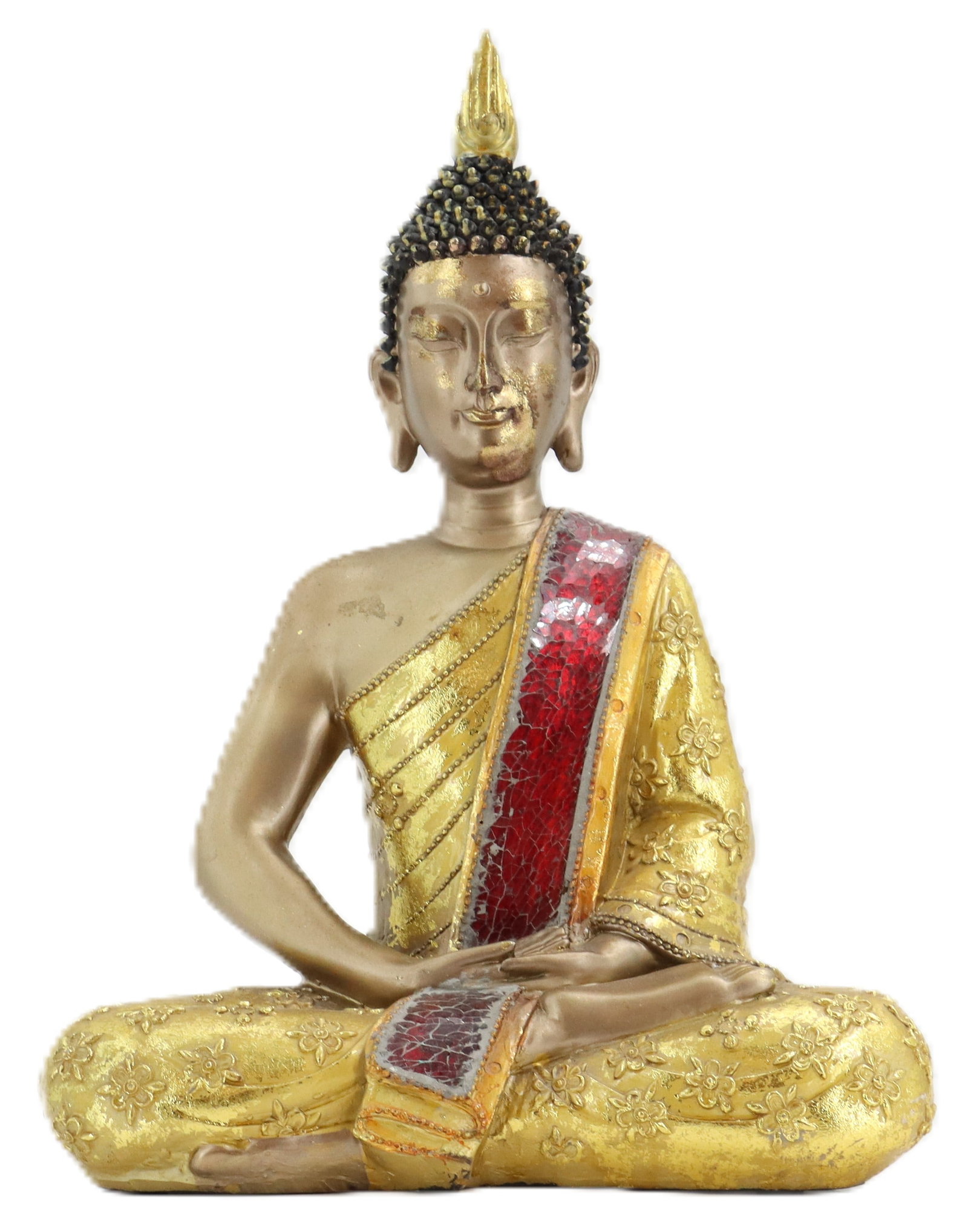 Thai Gilt Resin and Red Glass Sitting Buddha Sculpture: Thai Gilt Resin and Red Glass Sitting Buddha Sculpture. Traditional serene meditation position with the hands together in the lap and the eyes closed, with the flame-like finial atop the ushnisha. The