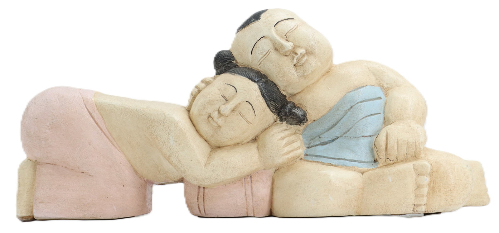 Chinese Polychrome Painted Wood "Good Luck" Sleeping Children Figurine: Chinese Polychrome Painted Wood "Good Luck" Sleeping Children Figurine. Carved and painted wooden sculpture of two figures in an embrace, featuring a matte finish with pastel pink and blue a