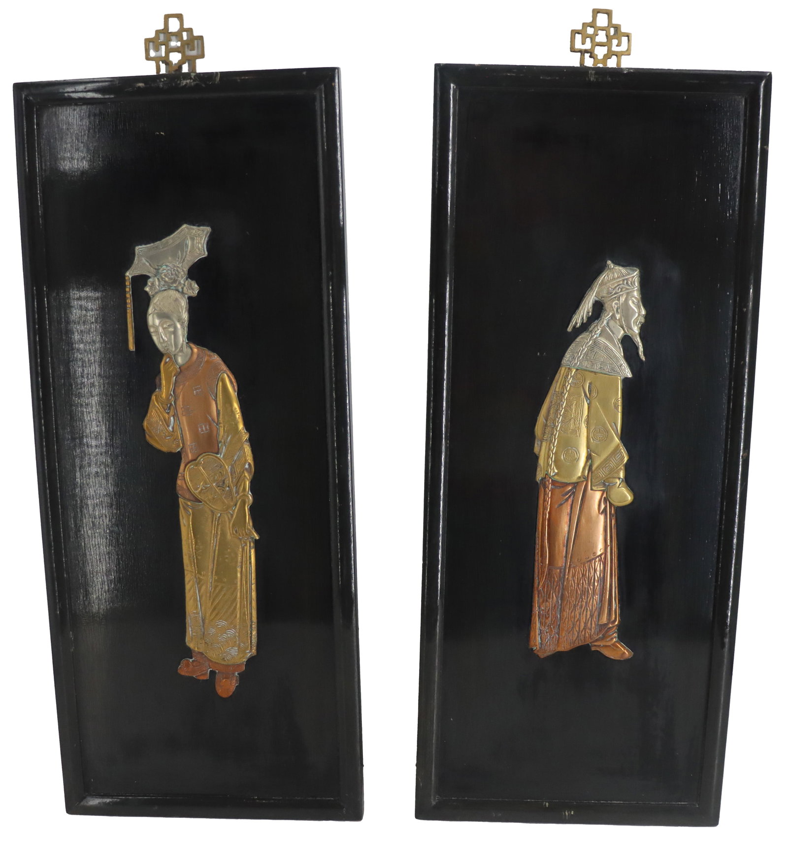 (2) Chinese Black Lacquer Wall Panels with Mixed Metal 3D Relief (1 of 10)
