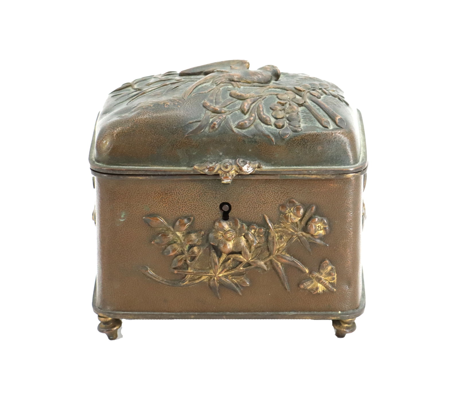 Antique Meiji Period Japanese Bronze Jewelry or Trinket Box: Antique Meiji Period Japanese Bronze Jewelry or Trinket Box. Beautifully embossed images of birds and flowers on all sides, with a red velvet interior. Condition: Tearing to interior fabric. One