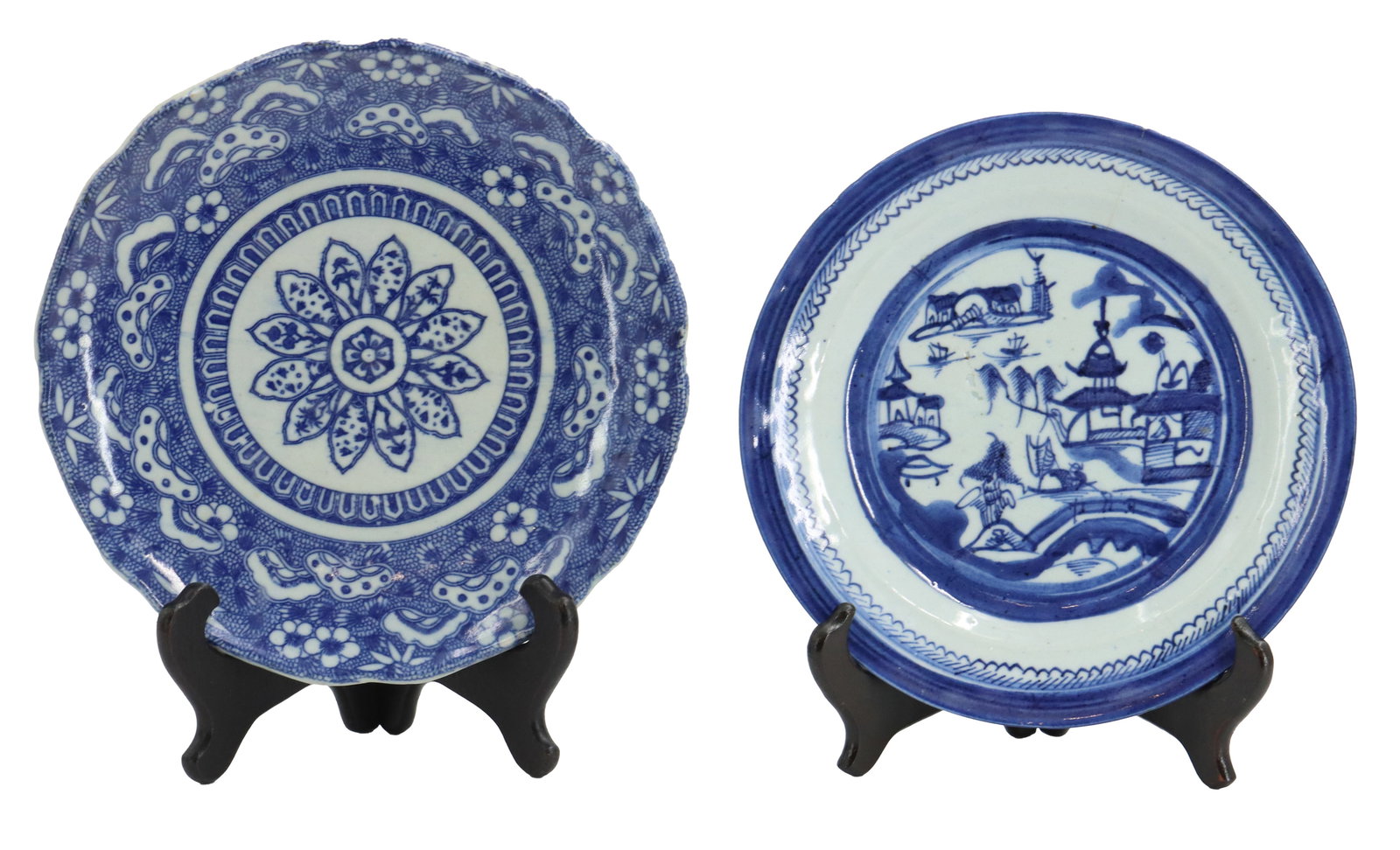 (2) Chinese Export Blue and White Porcelain Plates: (2) Chinese Export Blue and White Porcelain Plates. The larger piece has more floral and tiny detail work, and the smaller is in a traditional Cantonese style. One is numbered 16 on the back, the othe