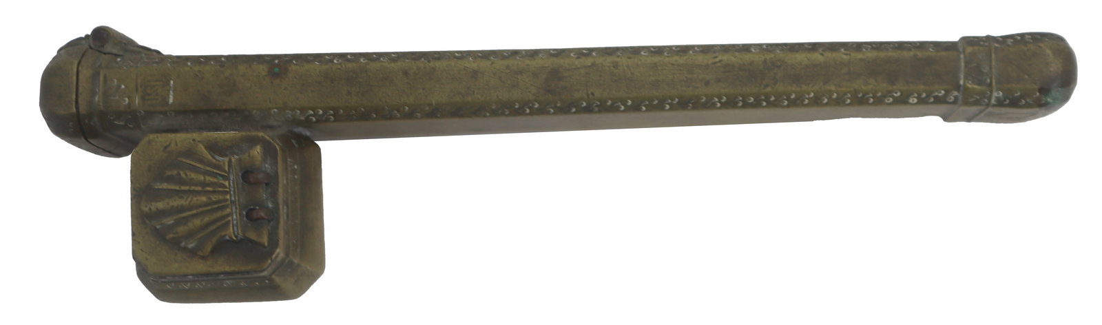 Antique Persian Qalamdan Brass Traveling Inkwell and Pen: Antique Persian Qalamdan Brass Traveling Inkwell and Pen. Delicate patterns throughout, with small symbols at the top and a shell relief on the inkwell cover. These items were typically used by scribe