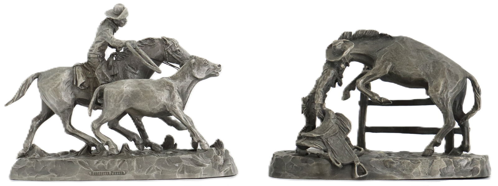 Philip Kraczkowski (1916-1996) American, (2) Western Pewter Sculptures: Philip Kraczkowski (1916-1996) American, (2) Western Pewter Sculptures. "A Cowboy Saddling a Horse" signed and dated 1974 and "A Cowboy Lassoing a Calf" signed and dated 1974. Made