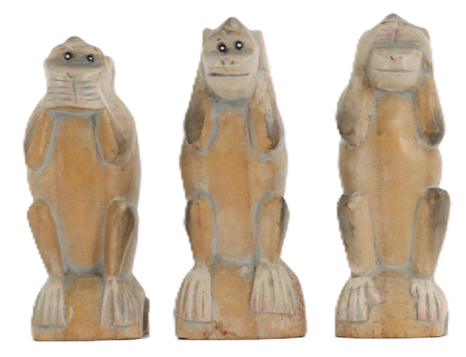 Trio of Carved Wood Monkey Figures in See No Evil, Hear No Evil, Speak No Evil Pose (1 of 14)