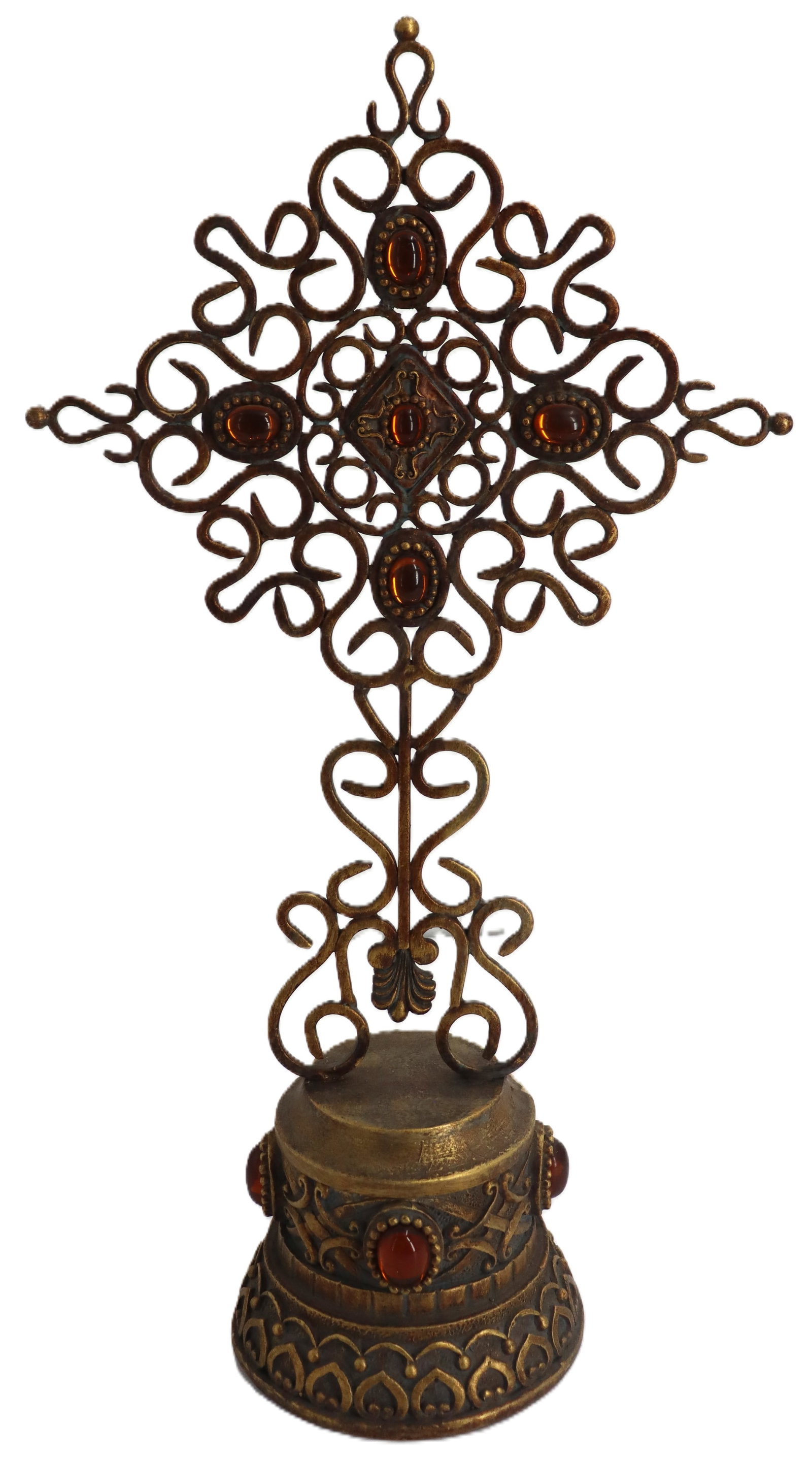 Bombay Company Cast Iron and Gemstones Italian Crucifix Affixed to Resin Stand: Bombay Company Cast Iron and Gemstones Italian Crucifix Affixed to Resin Stand. Original company label on underside. Size: 10 x 5 1/2 x 18 1/2 in. Founded in 1978 as a New Orleans mai