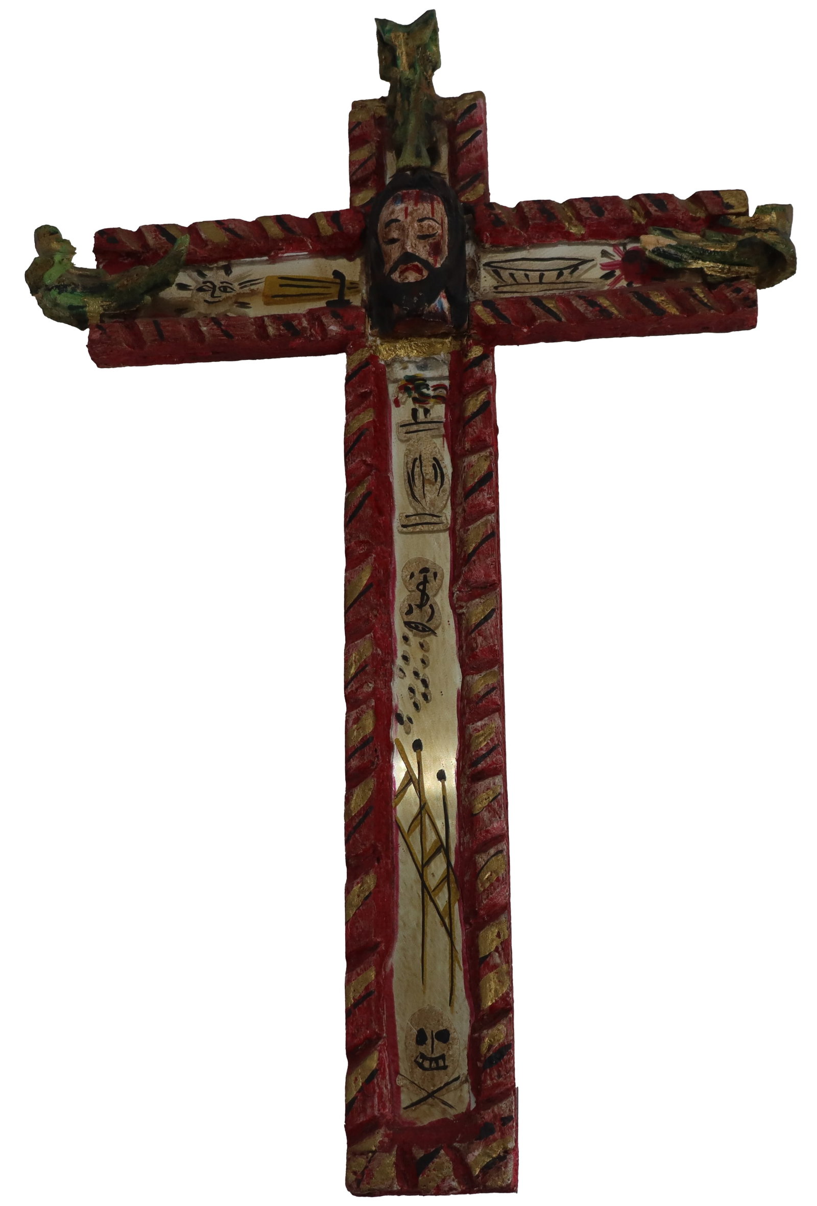 Antique Mexican San Miguel de Allende Folk Art Crucifix: Mexican San Miguel de Allende Folk Art Crucifix. Inspired by the antique opulent milagro crosses made of gold and silver, this piece has naive decorations all over it, including hand-painted and
