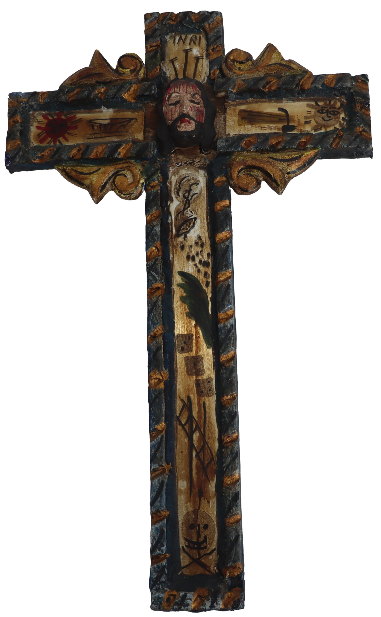 Antique Mexican San Miguel de Allende Folk Art Crucifix: Mexican San Miguel de Allende Folk Art Crucifix. Inspired by the antique opulent milagro crosses made of gold and silver, this piece has naive decorations all over it, including hand-painted and