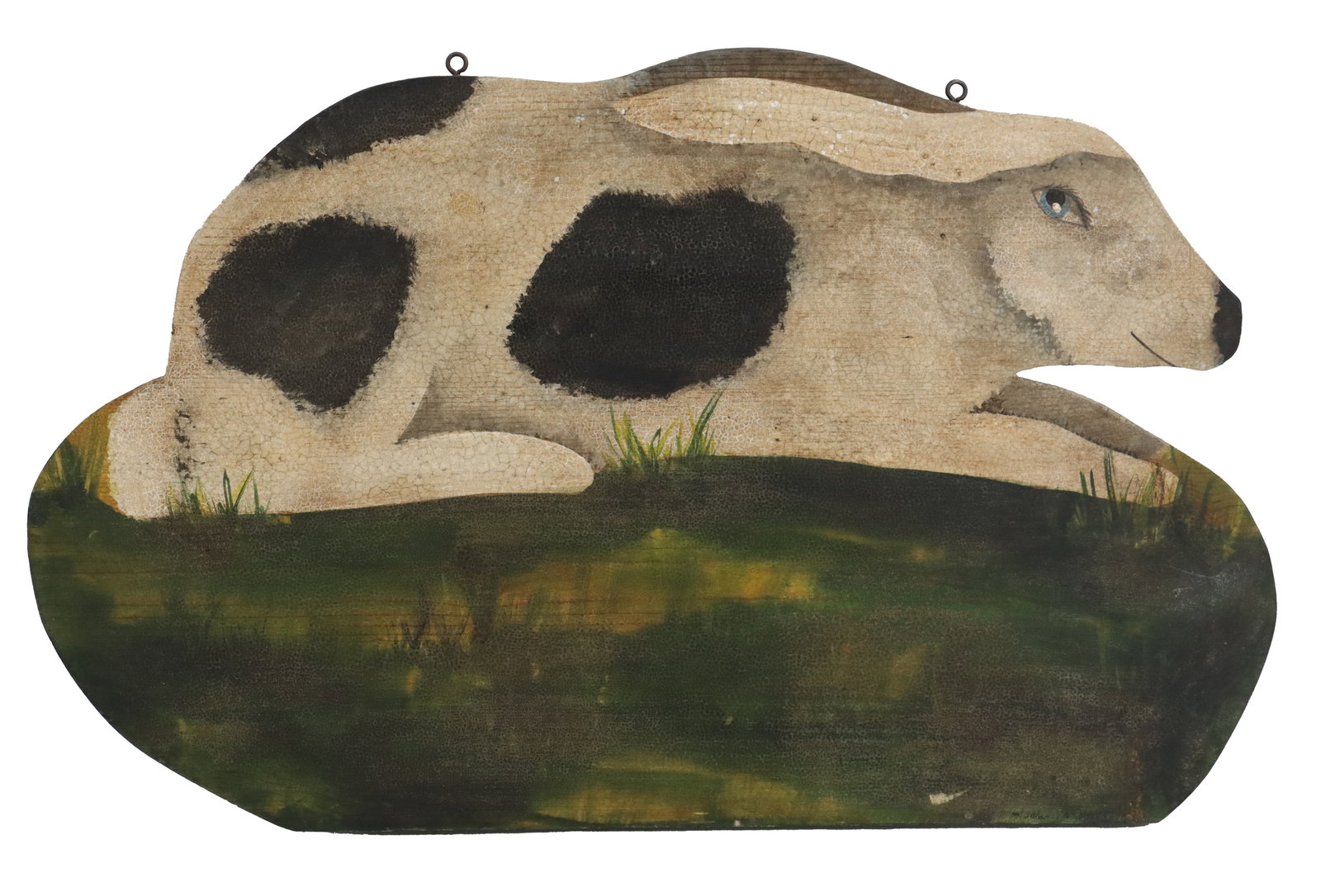 Folk Art Painting of a Rabbit on Board: Folk Art Painting of a Rabbit on Board. Signed lower right. Overall Size: 16 1/4 x 26 1/4 in. 