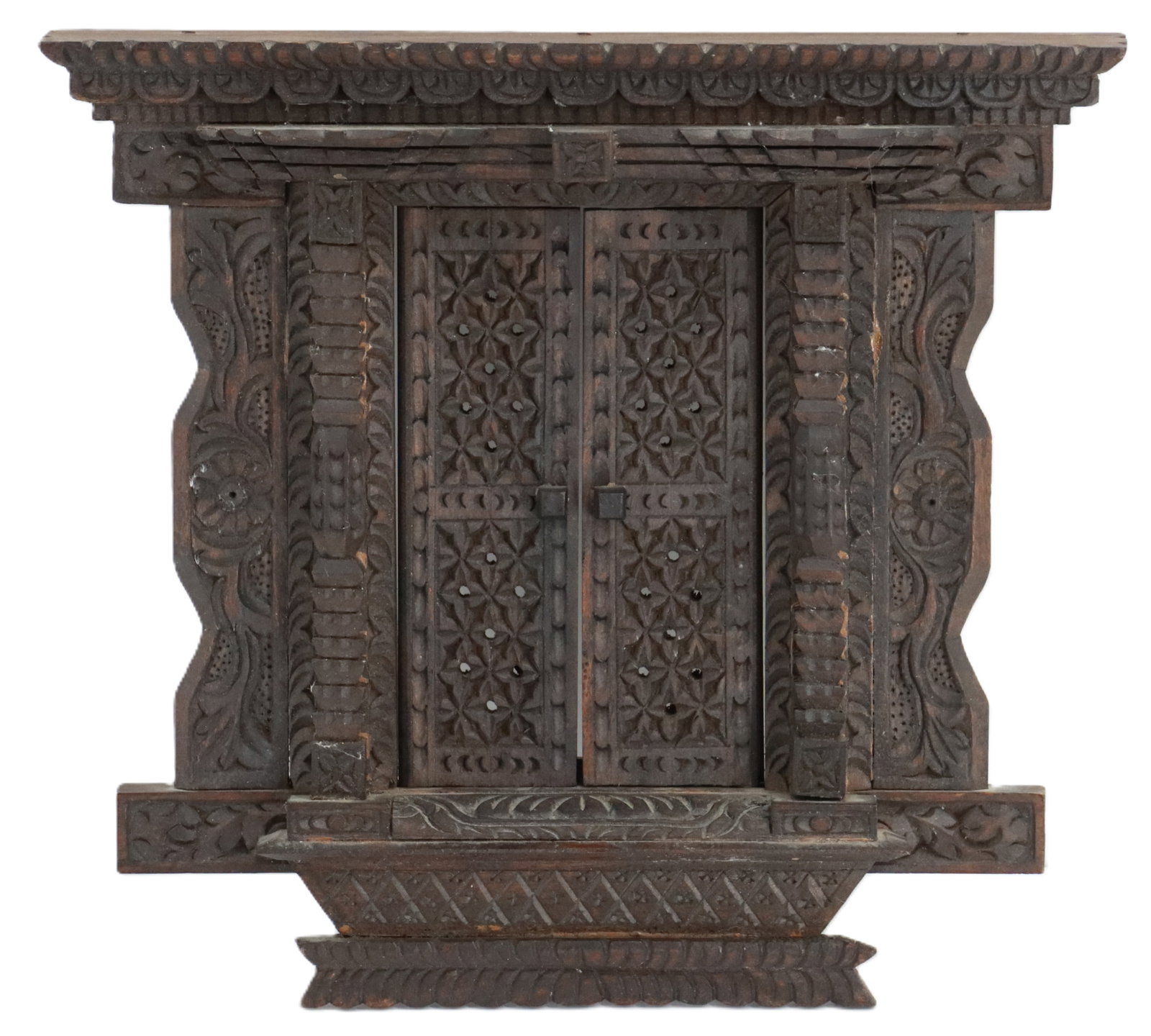Hand Carved Wood "Temple Window" From Nepal: Hand Carved Wood "Temple Window" From Nepal. Intricate geometric latticework interlocking in the ancient Malla Dynasty (1200-1769 AD). Size: 9 1/2 x 10 3/8 in.