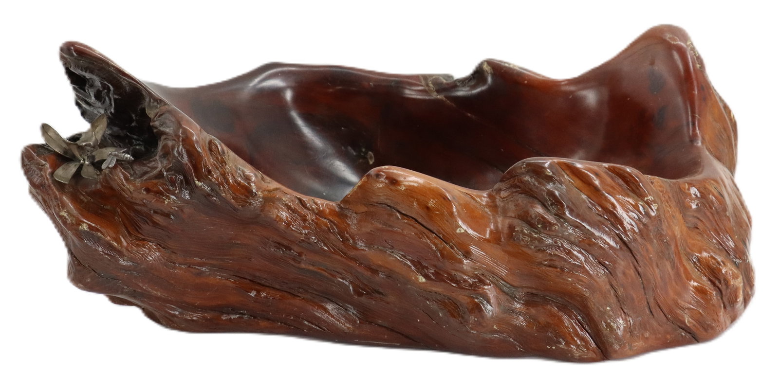 Large Japanese Carved Burl Wood Bowl with Silver Bowl: Large Japanese Carved Burl Wood Bowl with Silver Bowl. Size: 9 1/2 x 15 x 22 in.