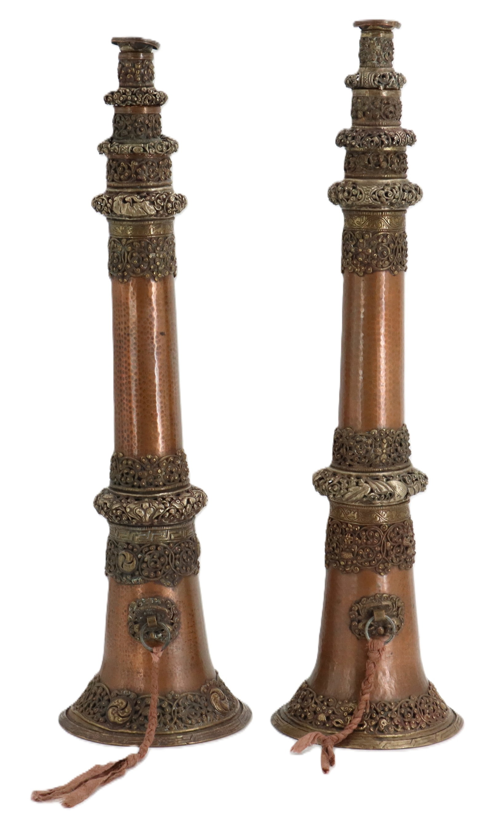 (2) Tibetan Elaborate Hand-Hammered Copper and Brass Dungchen Horns (1 of 20)