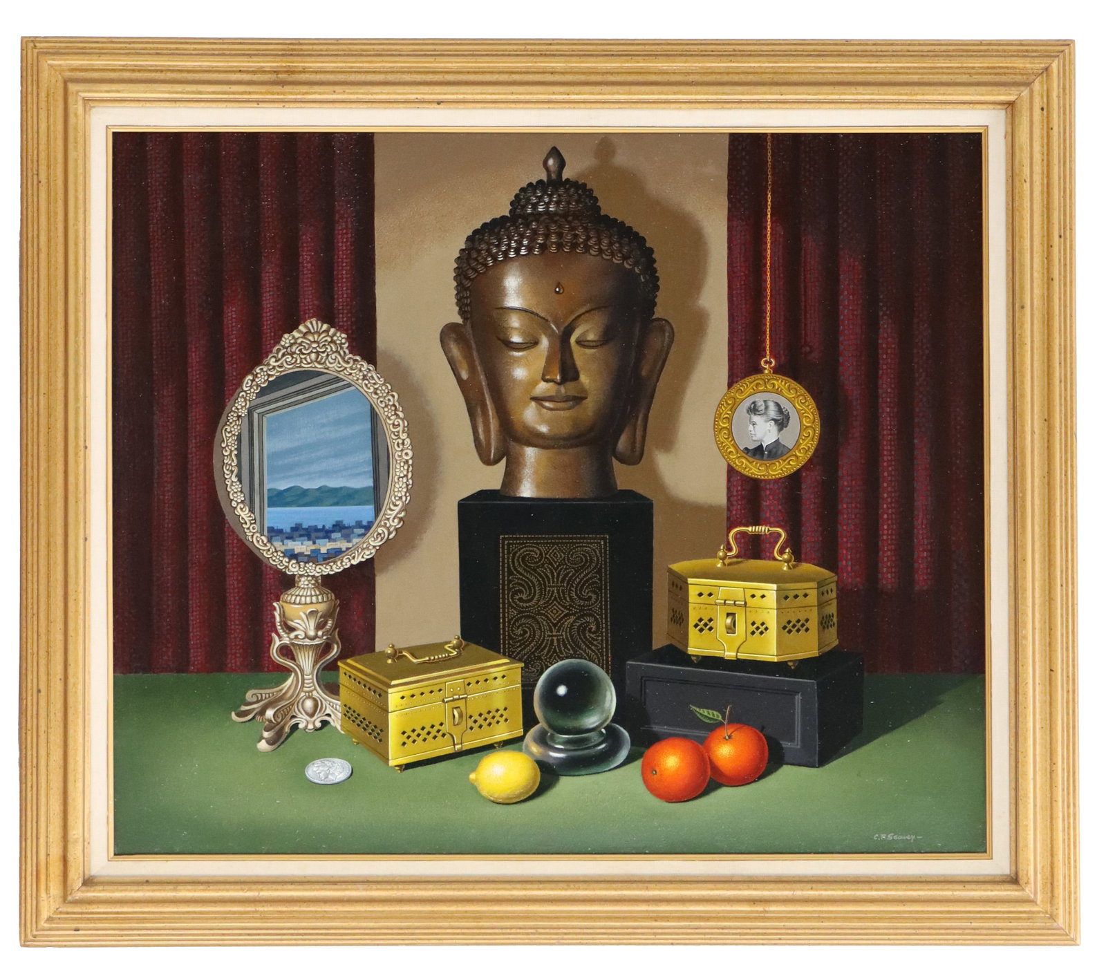 Clyde F. Seavey (1904-1991) American, Oil on Board Still Life Painting, Titled "Oriental Head with: Clyde F. Seavey (1904-1991) American, Oil on Board Still Life Painting, Titled "Oriental Head with Ensemble". Signed lower right. Titled on the back. Overall Size: 24 1/4 x 28 in