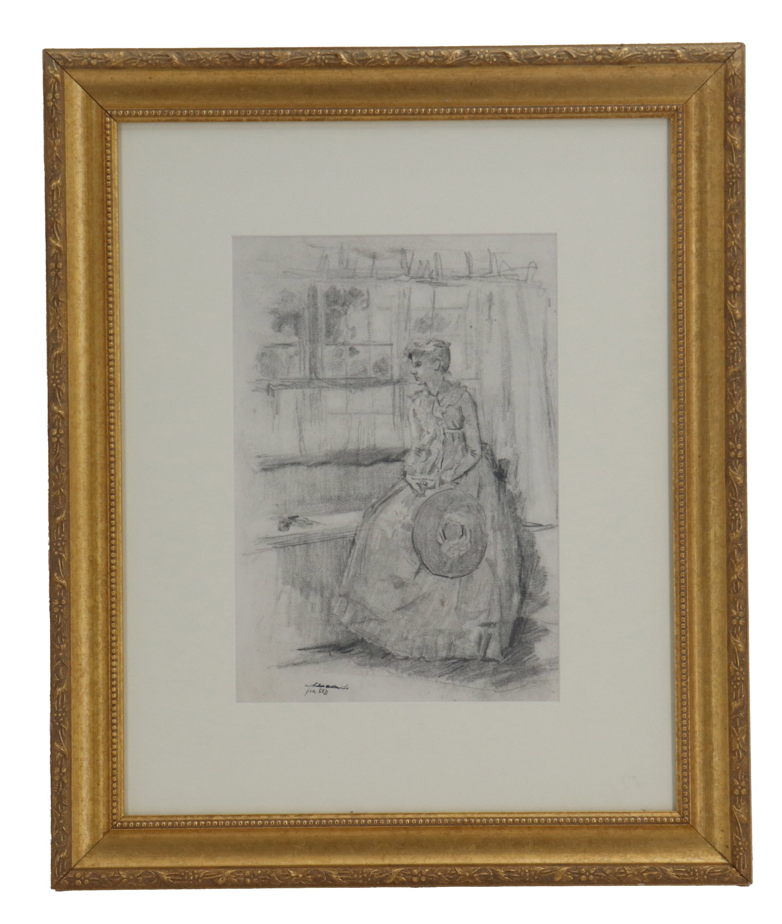 Arthur Bowen Davies (1862-1928) American, Pencil Drawing, "Lady Seated by a Window": Arthur Bowen Davies (1862-1928) American, Pencil Drawing, "Lady Seated by a Window". Signed with estate stamp lower left. Overall Size: 24 x 20 in. Sight Size: 13 x 9