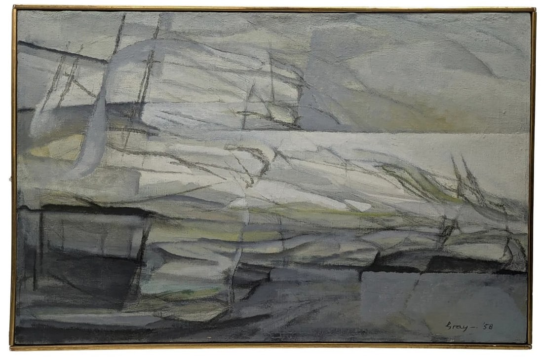 Cleve Gray (1918-2004) American, Oil on Canvas Mid-Century Abstract: Cleve Gray (1918-2004) American, Oil on Canvas Mid-Century Abstract. Abstract painting, signed "Gray '58," features a muted, monochromatic palette of grays, blacks, and subtle earthy ton