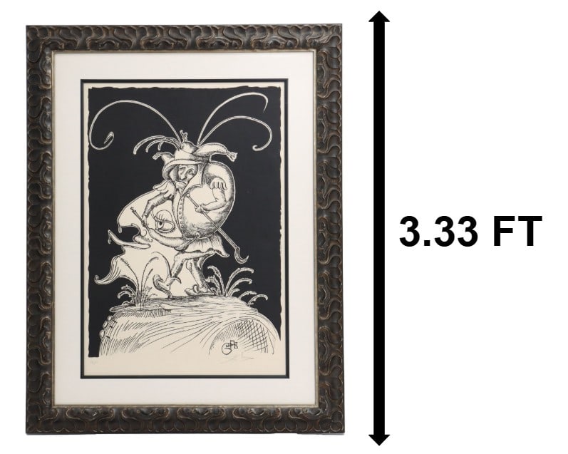 Salvador Dali (1904-1989) Spanish, Lithograph "Les Songes Drolatiques de Pantagruel S": Salvador Dali (1904-1989) Spanish, Lithograph "Les Songes Drolatiques de Pantagruel S". Black-and-white surrealist lithograph featuring a whimsical, jester-like figure with long antenna