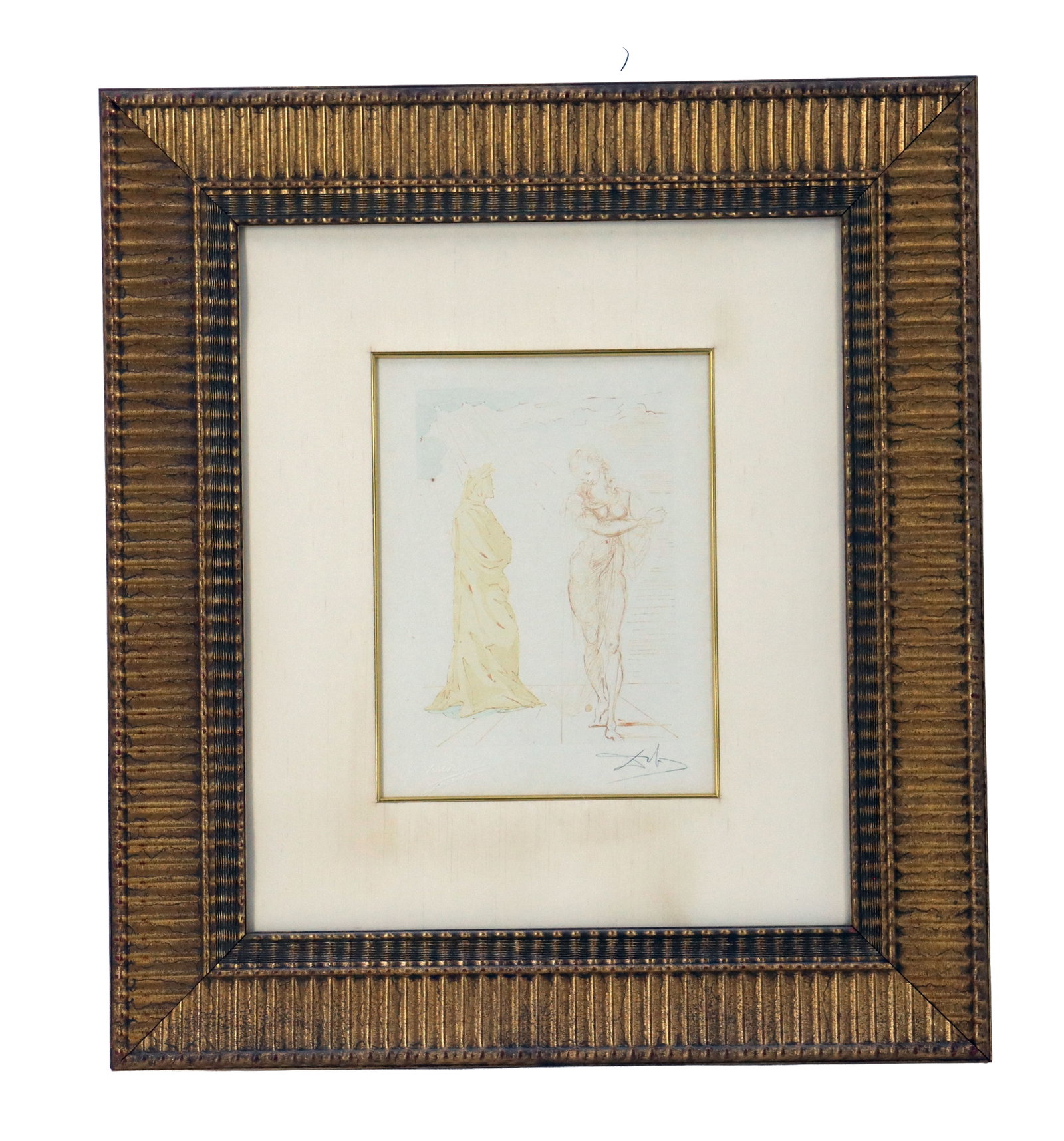 Salvador Dali (1904-1989) Spanish, "Virgil Comforts Dante" Woodblock Engraving: Salvador Dali (1904-1989) Spanish, "Virgil Comforts Dante" Woodblock Engraving. From La Divine Comédie, depicting the two figures together in surreal, dynamic positioning. S