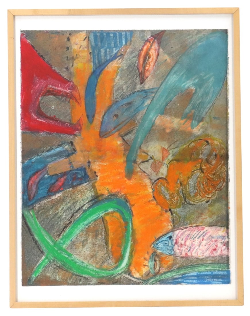Florence Putterman (1927-2021) American, "Channel" Mixed Media on Panel: Florence Putterman (1927-2021) American, "Channel" Mixed Media on Panel. Sand, acrylic, and pastel mix together to form abstract shapes reminiscent of sea creatures. Signed bottom right