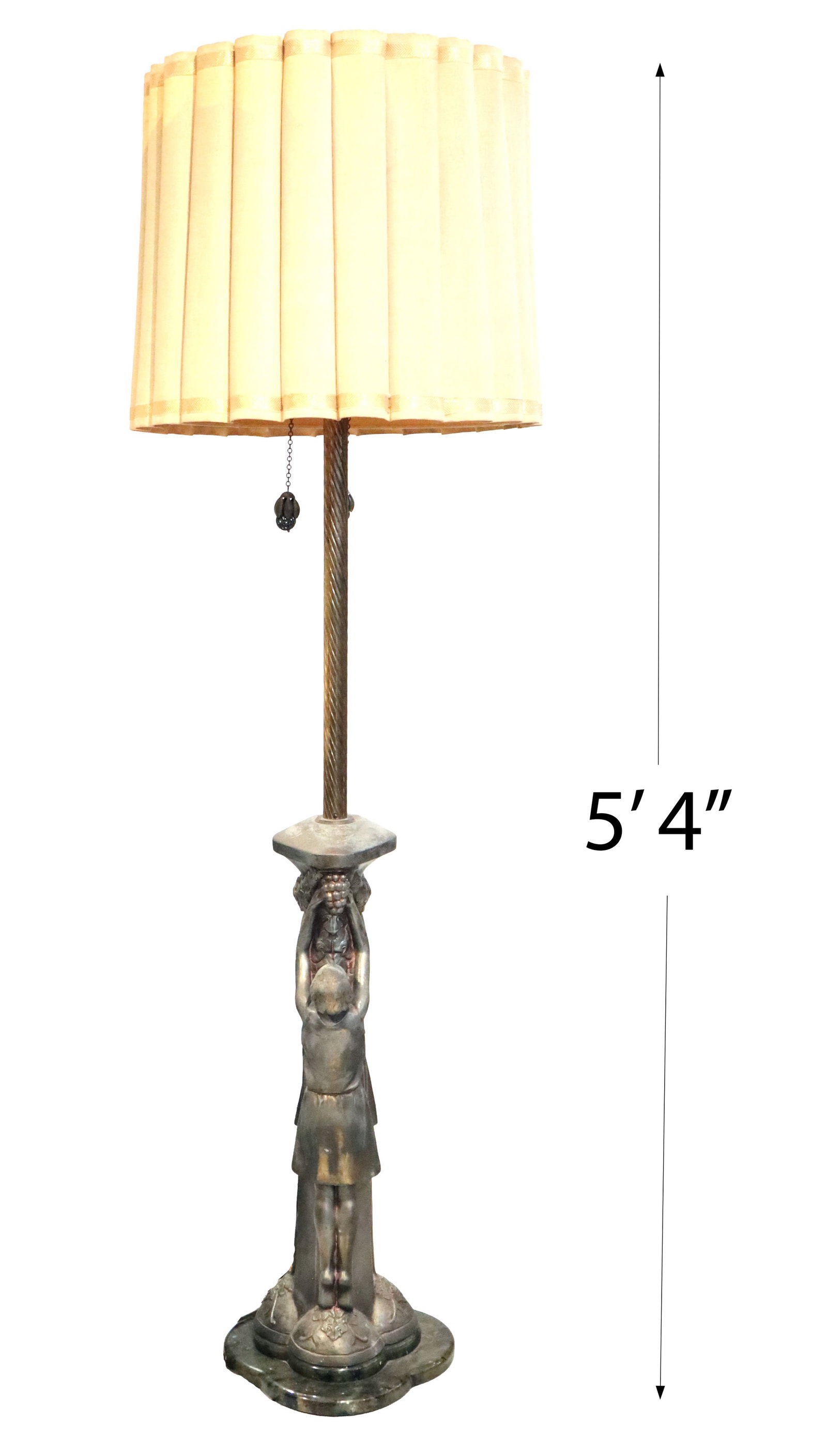 P. Sega (19th/20th Century) French, Art Deco Sculptural Spelter Floor Lamp: P. Sega (19th/20th Century) French, Art Deco Sculptural Spelter Floor Lamp. Two female figures on either side of the piece reach up to the base from which the lamp column emerges. Original cloth shade