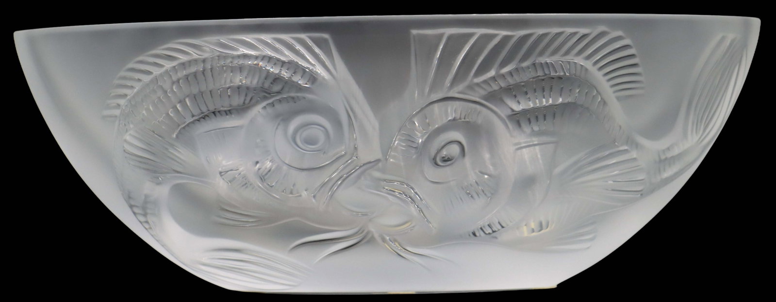 Lalique Frosted Crystal "Kuta" Bowl with Original Box: Lalique Frosted Crystal "Kuta" Bowl with Original Box. Depicts two fish kissing on both sides of the ovoid-shaped bowl. Signed on the underside. Paperwork included in the box explains t