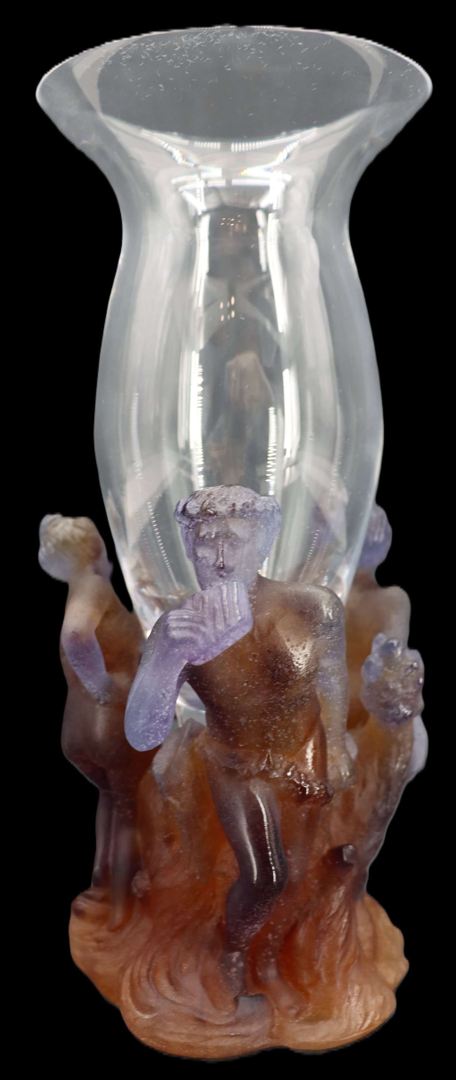 Daum Crystal Pate de Verre Mythologie "Pan and the Dancers" Vase: Daum Crystal Pate de Verre Mythologie "Pan and the Dancers" Vase. Part of a series designed with Greek and Roman mythology in mind, this piece shows four cavorting figures in multi-colored p