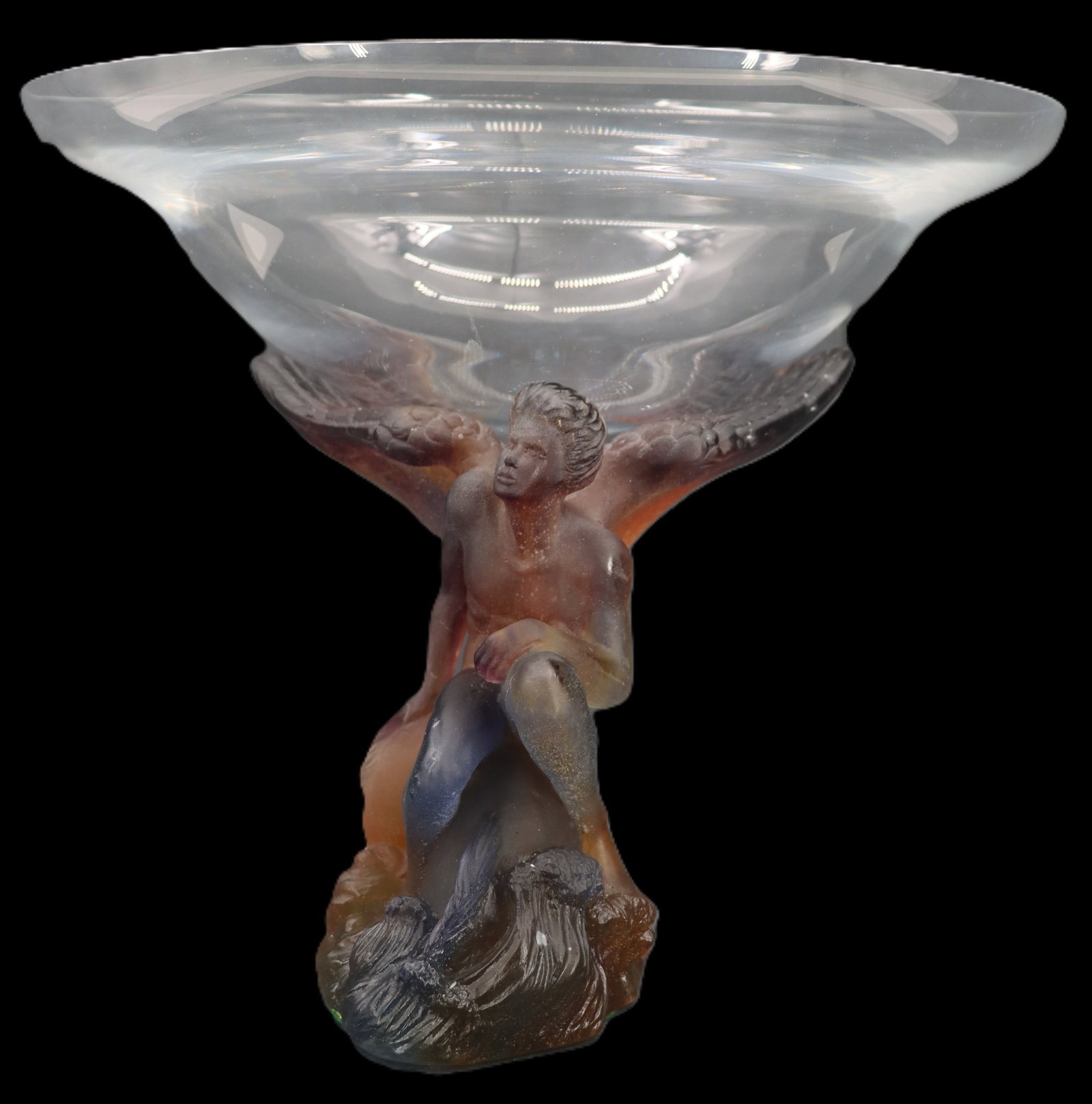 French Daum Crystal "Mythologie" Icarus Figure With Bowl in Original Box: French Daum Crystal "Mythologie" Icarus Figure With Bowl in Original Box. Depicts the tragic hero at the height of his hubris, wings spread wide from his multi-colored pate de verre body to 