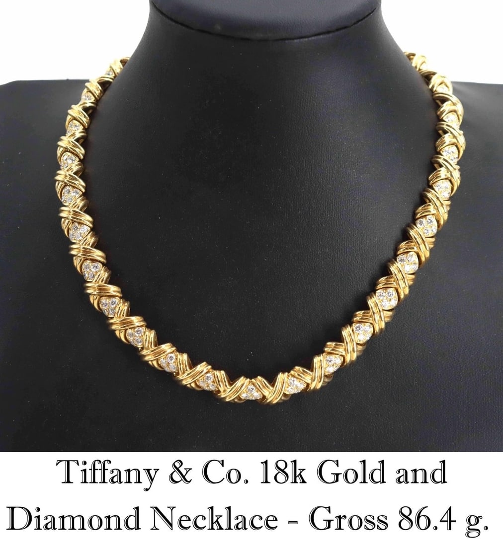 Tiffany & Co. 18k Gold and Diamond Necklace - Gross 86.4 g.: Tiffany & Co. 18k Gold and Diamond Necklace. Marked on clasp. 4.5 carats. Contains 128 round brilliant cut diamonds. Length: 16 in. Gross Weight: 86.4 g. Tiffany & Co. (colloquially known as Tif