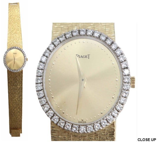 18k Yellow Gold and Diamond Piaget Women's Wristwatch - Gross 64.9 g: 18k Yellow Gold and Diamond Piaget Women's Wristwatch - Gross 64.9 g. Oblong face, white gold bezel set with 40 brilliant-cut diamonds, screw-down. Marked 750 on the band. Serial and mod