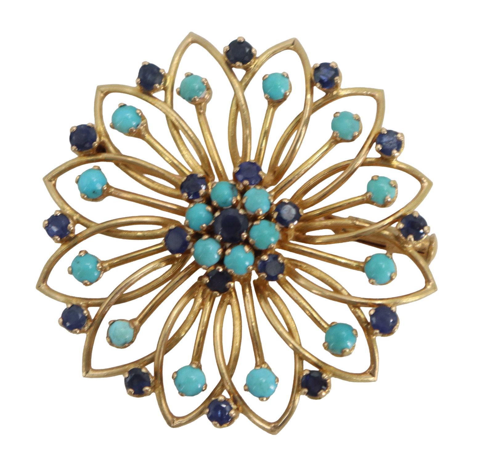 18k Gold. Sapphire, and Turquoise Brooch - Gross 11.3 g.: 18k Gold. Sapphire, and Turquoise Brooch. Marked on bar of pin. Gold brooch features a stylized floral burst design with multiple wire-form petals, intricately set with alternating turquoise and dark 