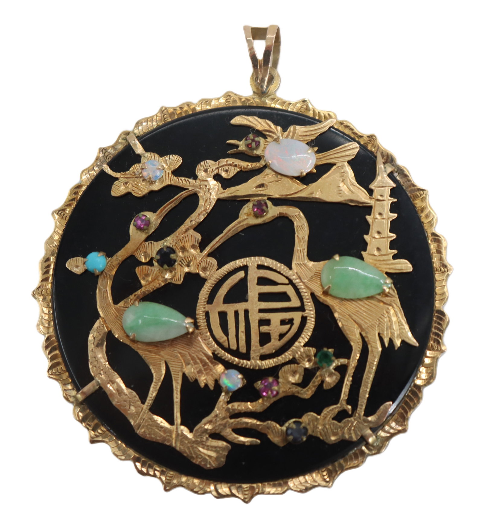 Chinese Tested 14k Gold Pendant with Various Stones - Gross 28.1 g.: Tested 14k Gold Pendant with Various Stones. Elaborate circular gold pendant features a black onyx base overlaid with an intricate scene of cranes and a pagoda. Onyx disc with turquoise, sap