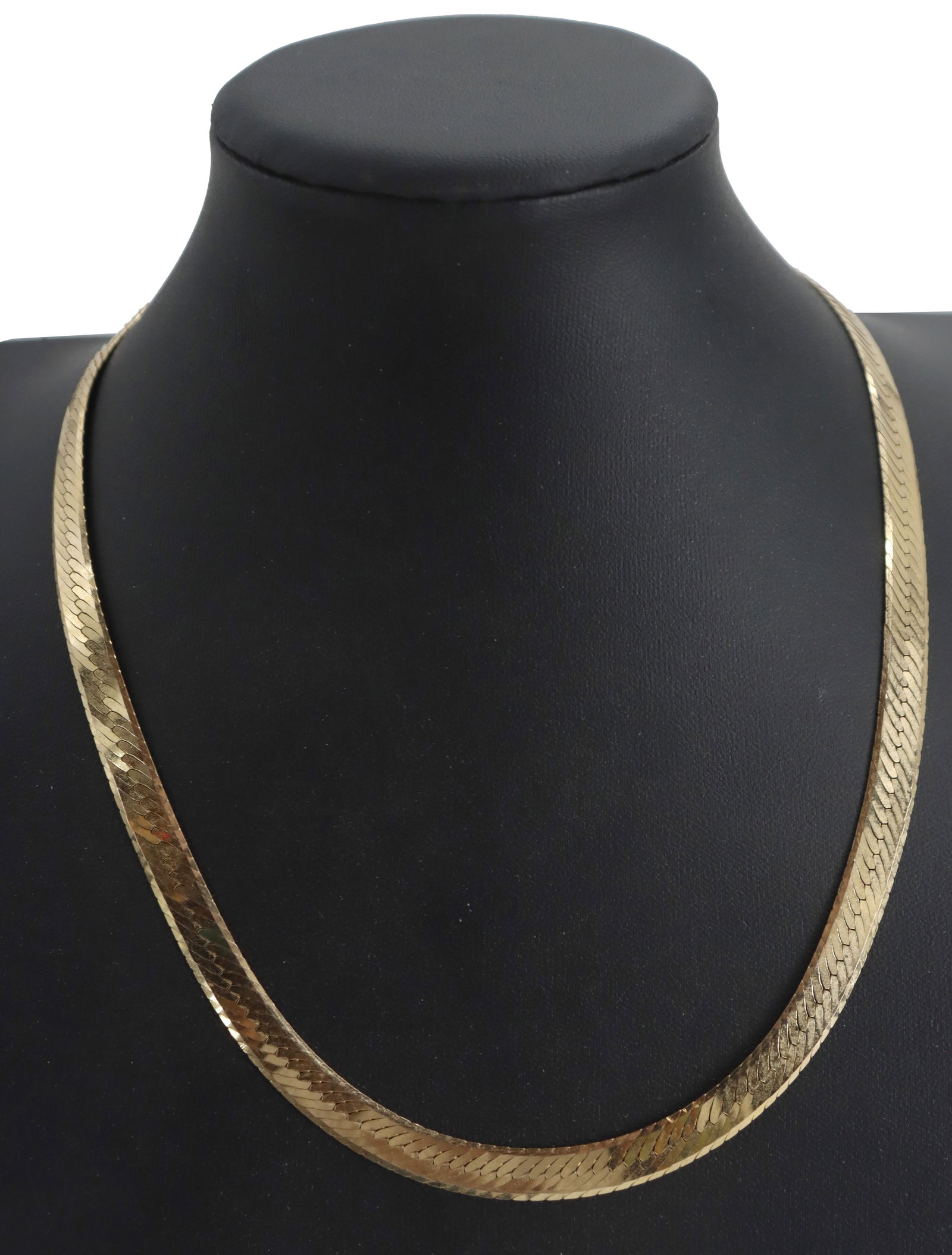 14k Gold Necklace - 24.9 g.: 14k Gold Necklace - 24.9 g. 14k gold necklace features a wide, flat-woven herringbone chain that provides a sleek and flexible liquid-metal appearance. Marked on clasp. Length: 18