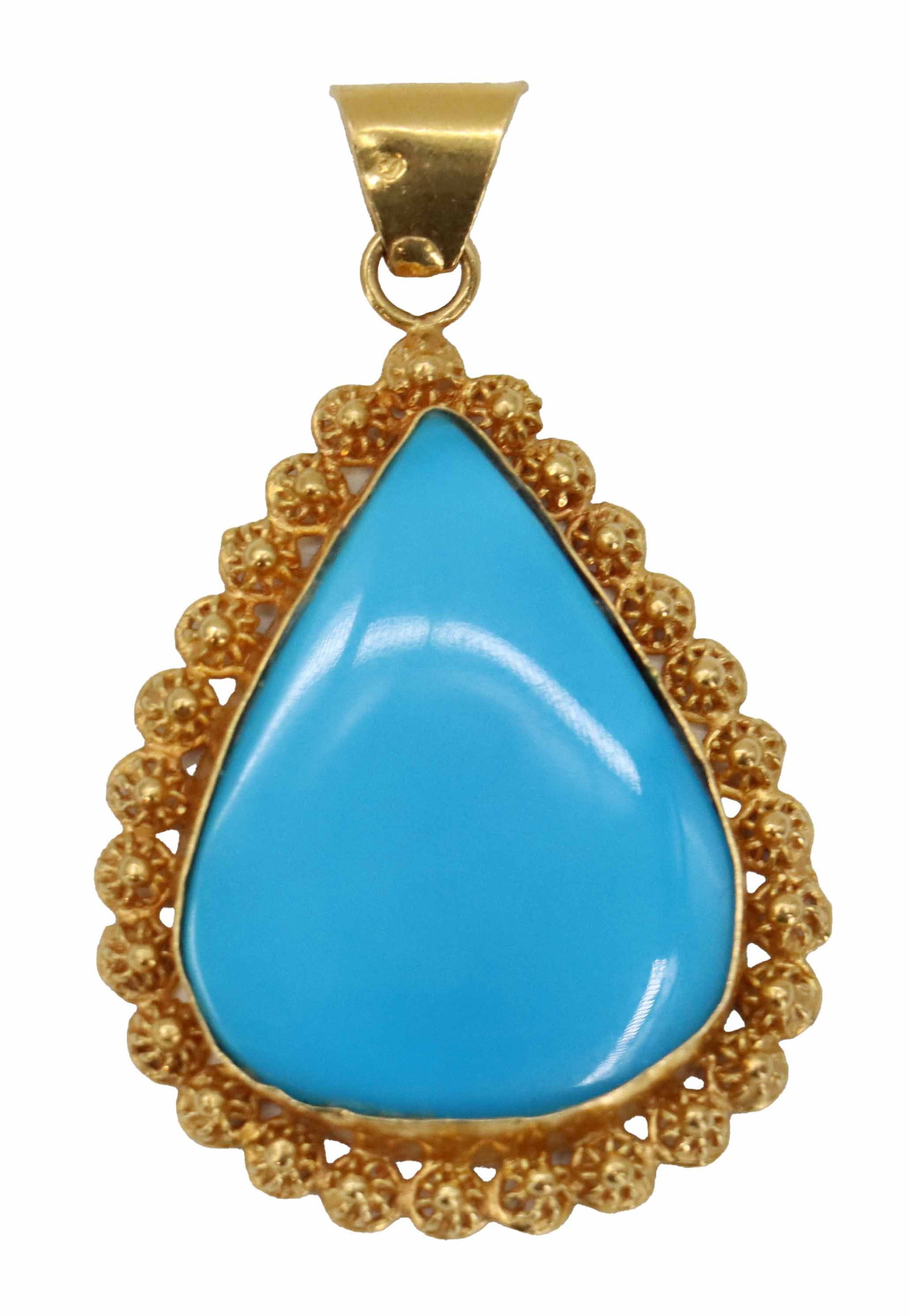 18k Gold and Turquoise Pendant - Gross 13.5 g.: 18k Gold and Turquoise Pendant. Marked on bail. Teardrop shaped turquoise set in 18k yellow gold. Decorated border. Size: 1 1/4 x 2 in. Gross Weight: 8.6 dwt. 13.5 g. 