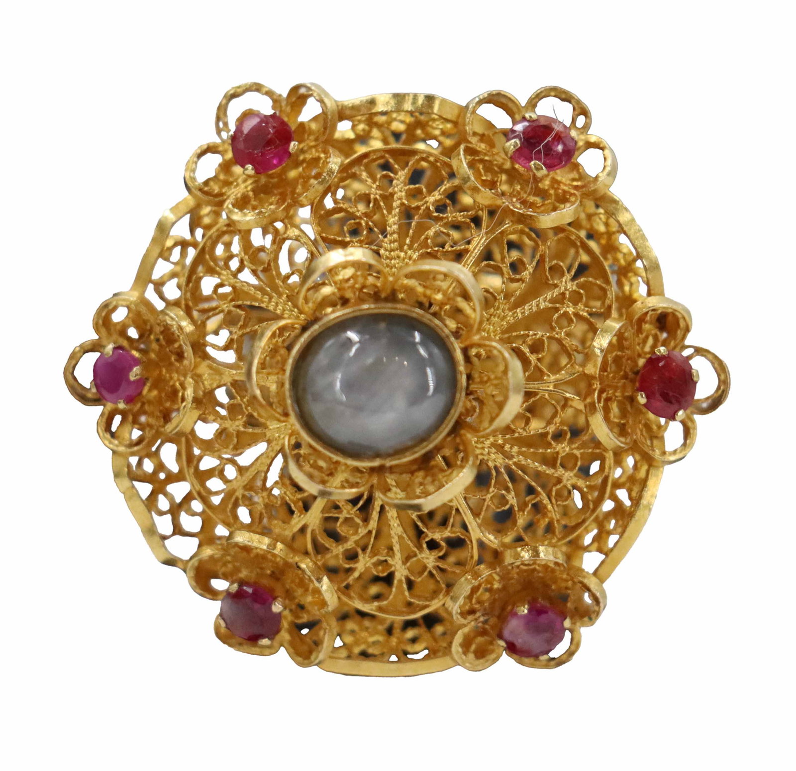 Tested 14k Gold and Ruby Ring - Gross 10.7 g: Tested 14k Gold and Ruby Ring. Yellow gold. Features an intricate, dome-shaped filigree design with delicate wirework patterns. It is set with a central grey cabochon stone, surrounded by six viv