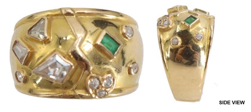 18k Gold and Glass Ring - Gross 7.4 g.: 18k Gold and Glass Ring - Gross 7.4 g. Marked on inside. Stones tested as glass. Yellow gold. Size: 7 1/2 Gross Weight: 4.7 dwt. 7.4 g. 