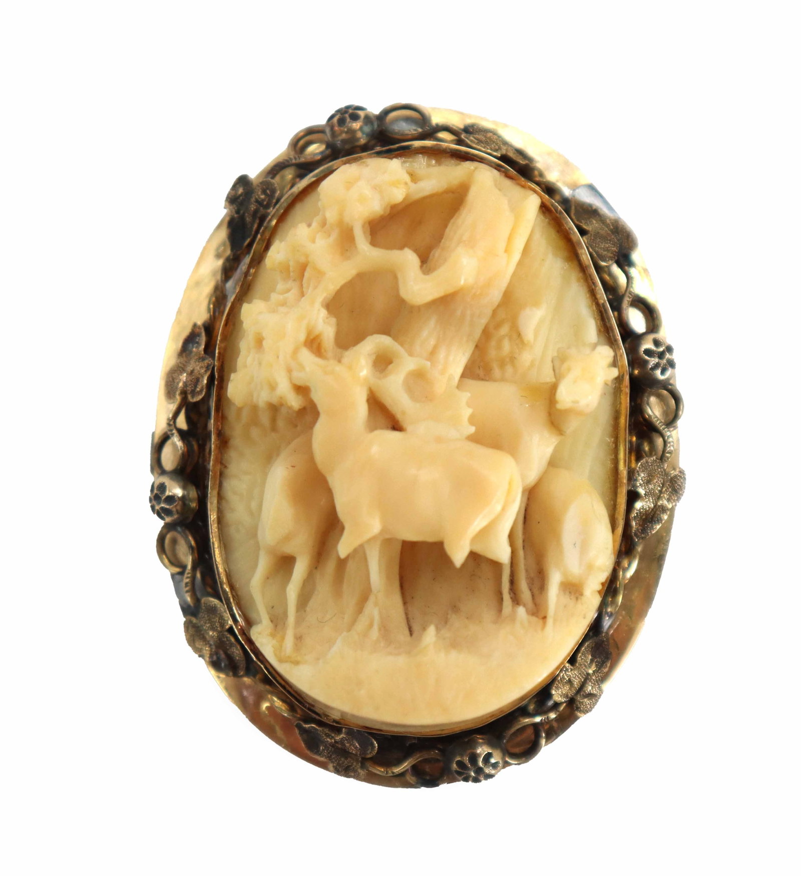 Tested 14k Gold and Carved Bone Brooch - Gross 11.7 g.: Tested 14k Gold and Carved Bone Brooch - Gross 11.7 g. 14K yellow gold oval brooch features a high-relief hand-carved bone cameo depicting deer amid woodlands. Condition: Some loss to relief. Siz