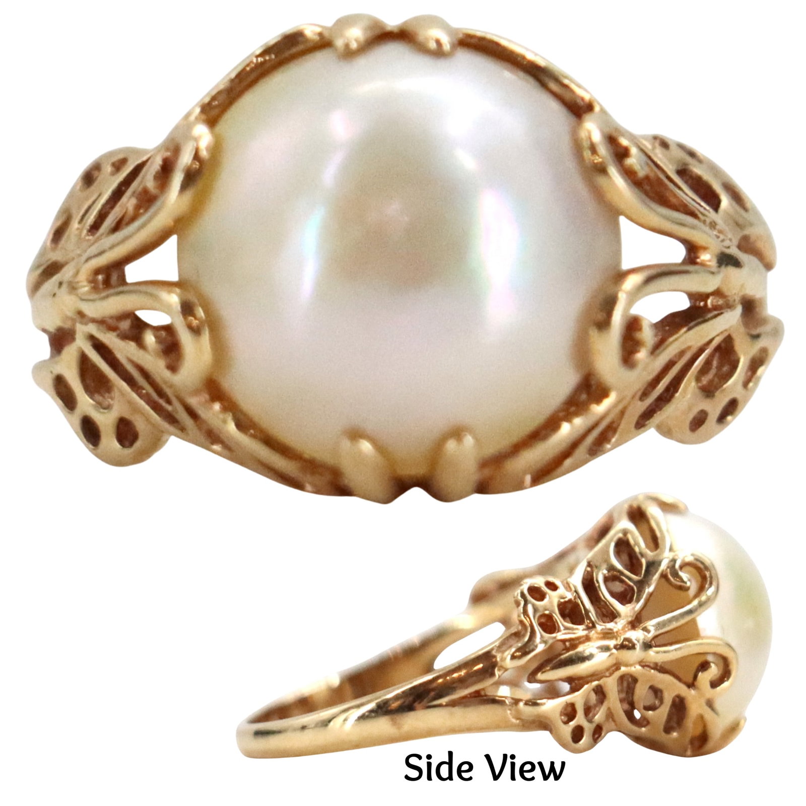 Hanae Mori (1926-2022) Japanese, "The Ring of the Golden Butterflies" 14k Gold and Cultured Pearl: Hanae Mori (1926-2022) Japanese, "The Ring of the Golden Butterflies" 14k Gold and Cultured Pearl Ring - Gross 4.2 g. A halved pearl is nestled between two butterflies. Marked on the inside 