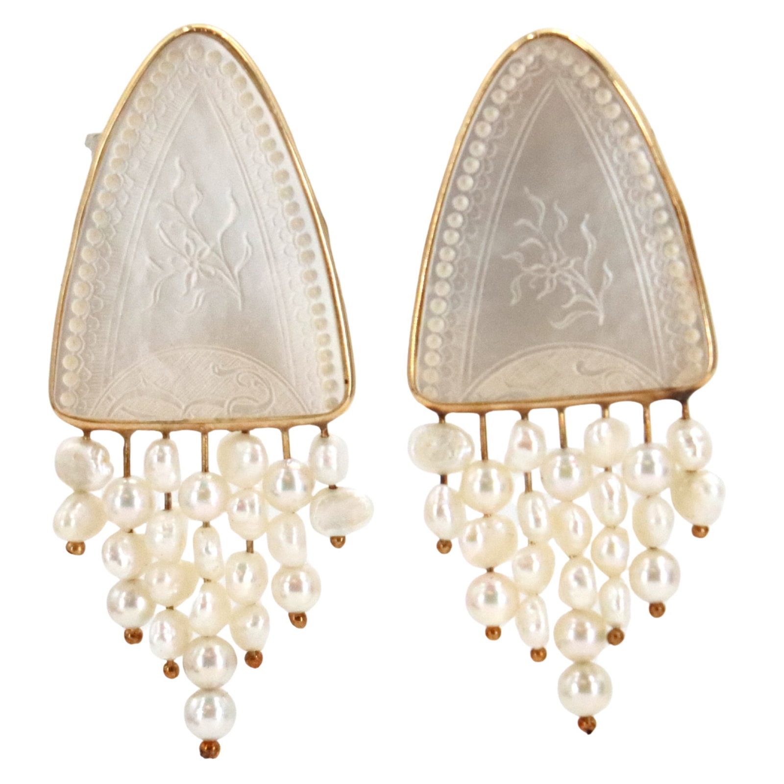 Donna Chambers (Born 1950) American, Pair of Lee Michaels 14k Gold Carved Mother of Pearl and: Donna Chambers (Born 1950) American, Pair of Lee Michaels 14k Gold Mother of Pearl and Freshwater Pearl Earrings in Original Box. Created by the artist for the company in the 1990s, featuring her