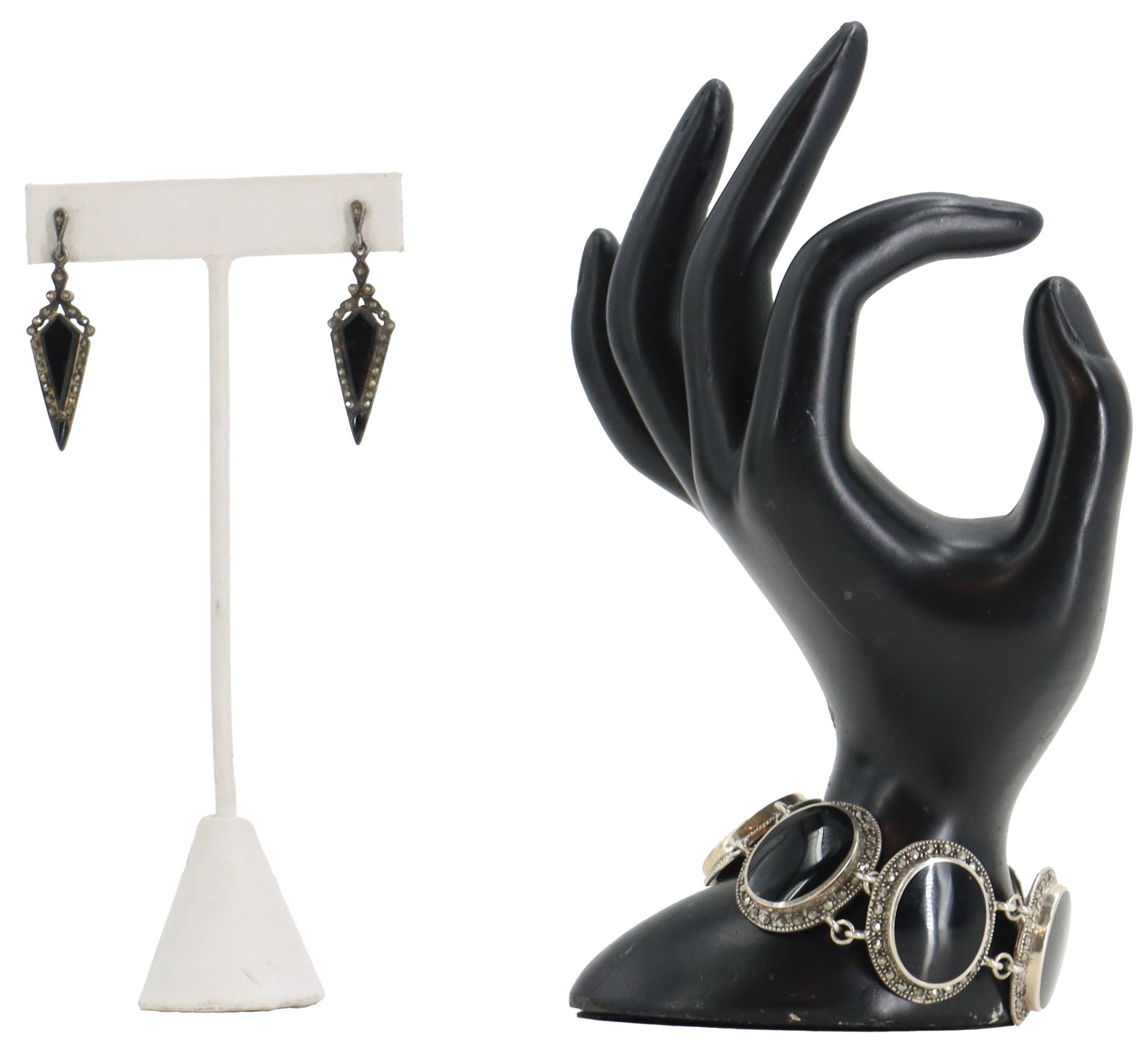 Pair of Sterling Silver, Marcasite, and Onyx Drop Earrings and Coordinating Bracelet - Gross 1.235 (1 of 17)