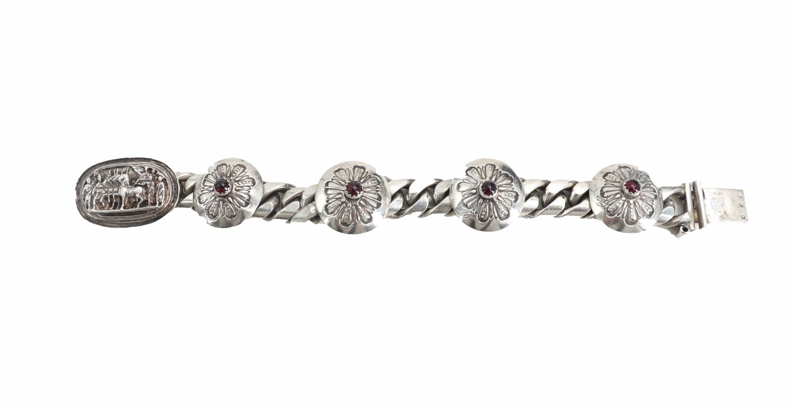 Sterling Silver Bracelet with Roman Decoration and Cabochon Garnets - Gross 3.995 ozt.: Sterling Silver Bracelet with Roman Decoration and Cabochon Garnets - Gross 3.995 ozt. The main cartouche shows men and horses like Roman chariot drivers and centurions in relief, with a man's