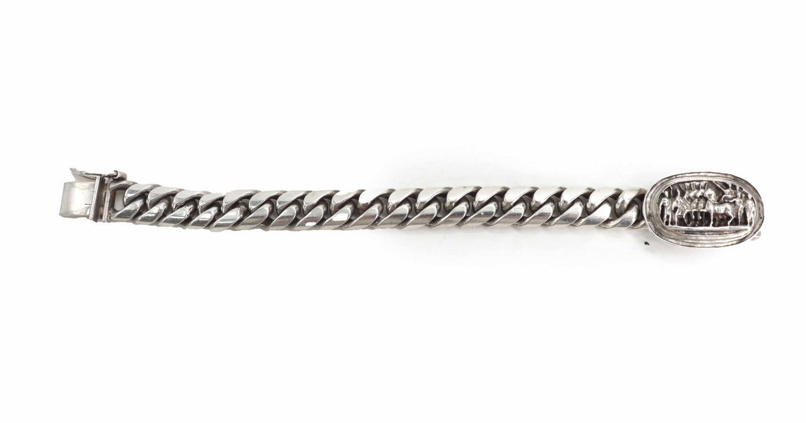 Sterling Silver Bracelet with Relief Roman Decoration - 3.335 ozt.: Sterling Silver Bracelet with Relief Roman Decoration - 3.335 ozt. The main cartouche shows men and horses like Roman chariot drivers and centurions in relief, with a man's face and
