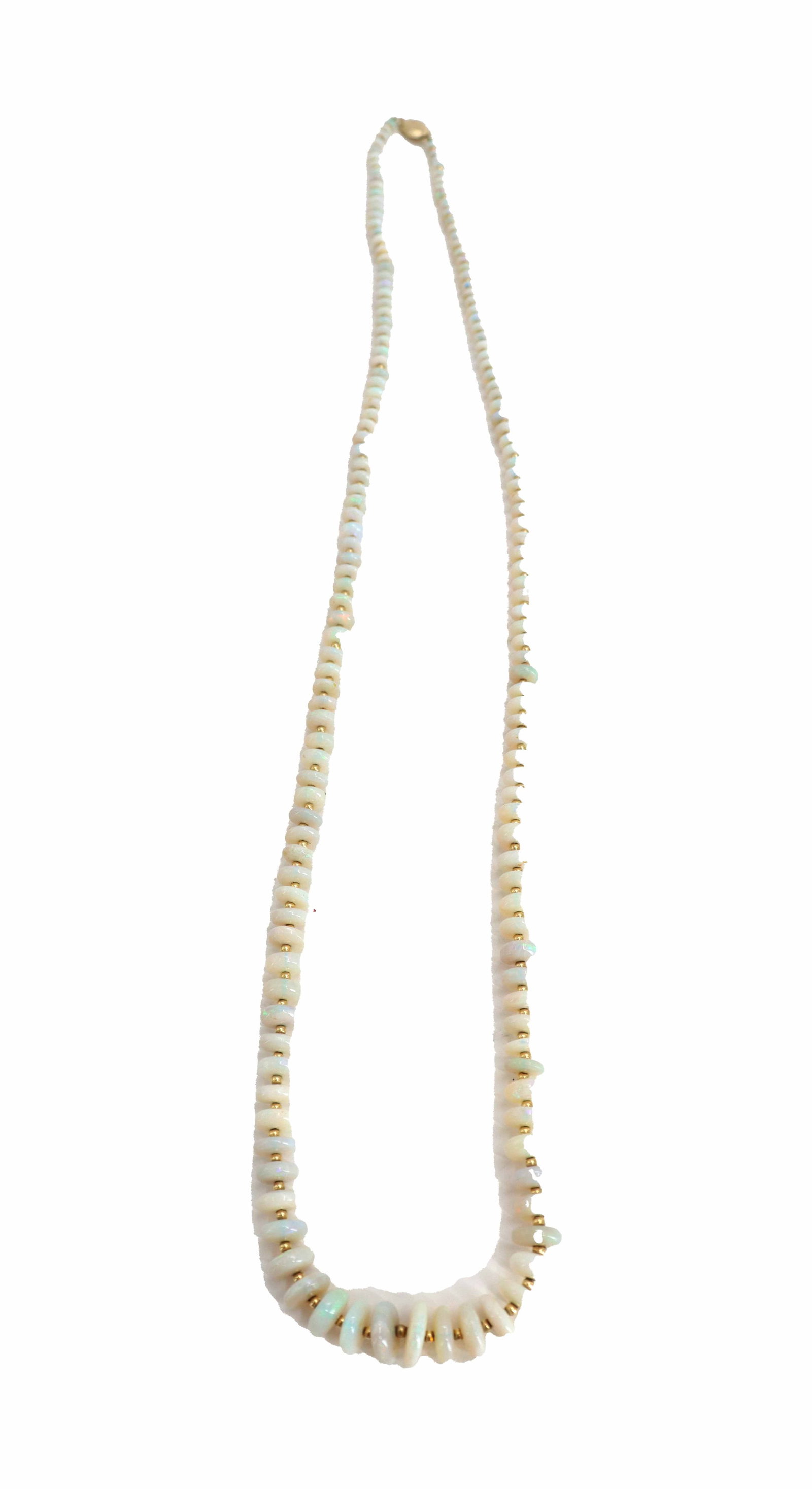 Marked 14k Gold Clasp, 14k Gold Beads, and Opal Beaded Necklace: Marked 14k Gold Clasp, 14k Gold Beads, and Opal Beaded Necklace. Small 14k yellow gold beads with disc shaped opals. Length: 24 in.