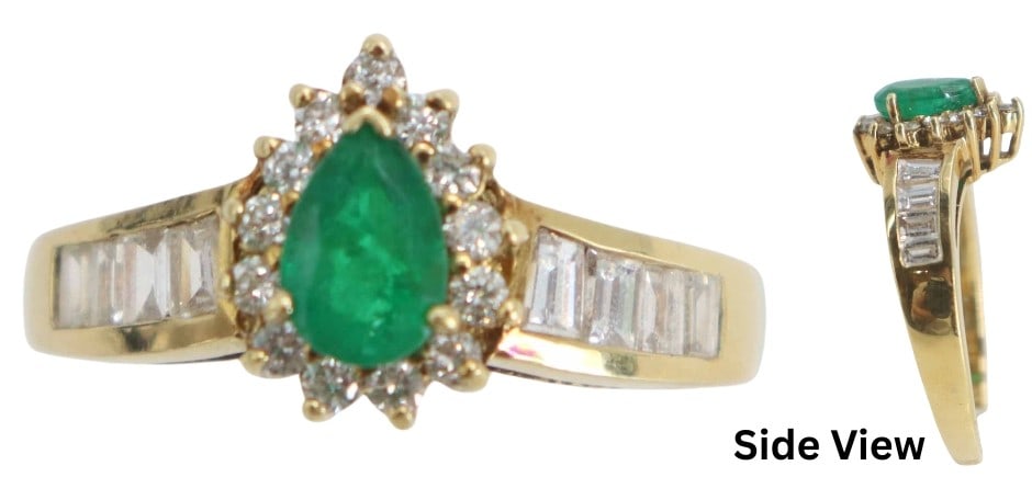 18k Gold, Emerald, and Diamond Ring - Gross 3.7 g.: 18k Gold, Emerald, and Diamond Ring - Gross 3.7 g. Sophisticated 18k yellow gold cocktail ring featuring a vibrant oval-cut emerald center stone secured by four prongs and flanked by two shimmeri