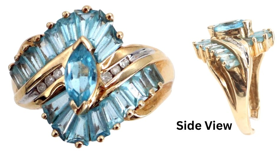 14k Yellow Gold and Blue Topaz Statement Ring - Gross 4.5 g.: 14k Yellow Gold and Blue Topaz Statement Ring - Gross 4.5 g. Statement 14k yellow gold bypass ring featuring a marquise-cut blue topaz center stone flanked by fan-like arrays of tapered baguette 