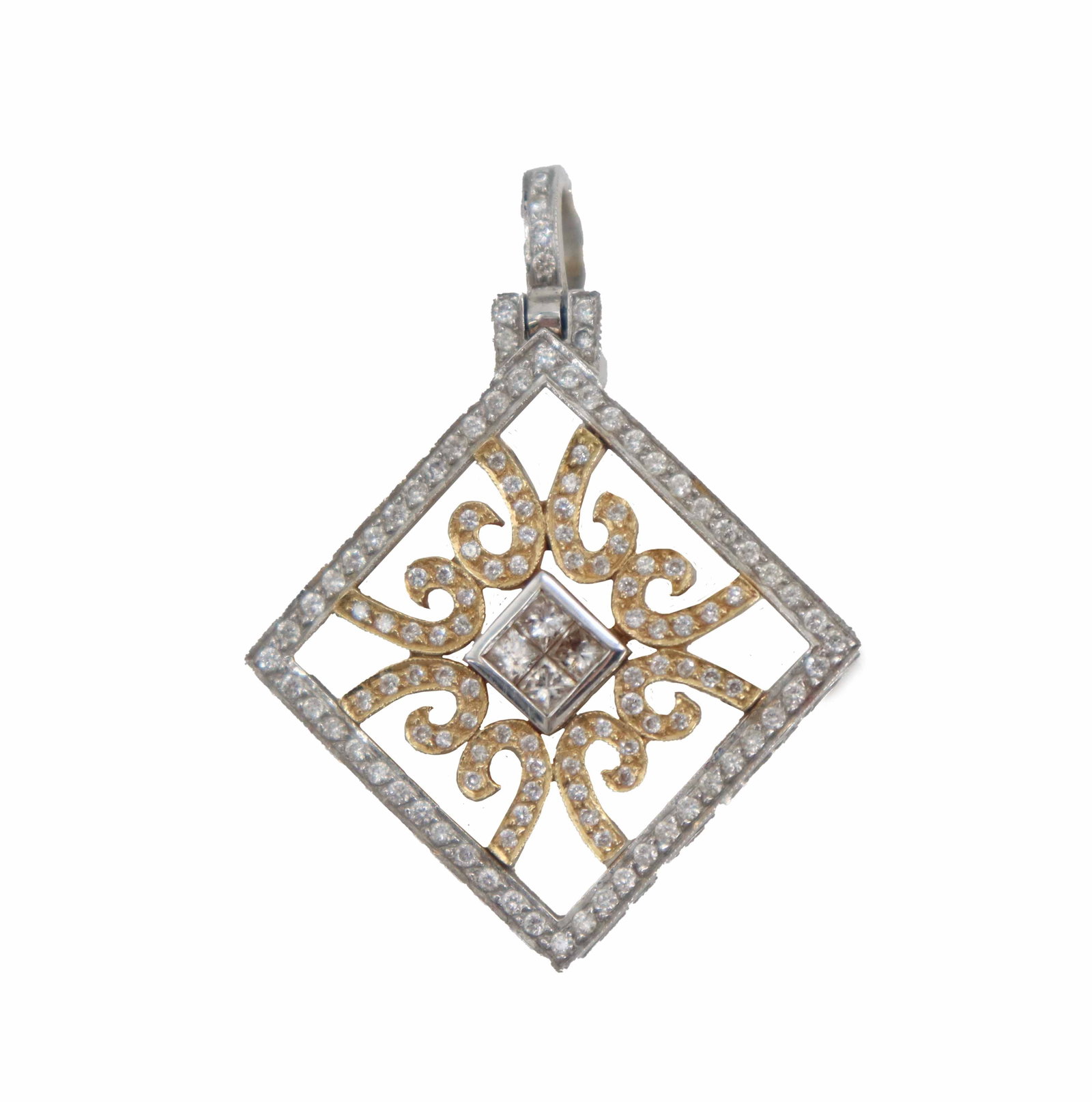 18k Yellow and White Gold and Diamond Pendant - Gross 6.7 g.: 18k Yellow and White Gold and Diamond Pendant - Gross 6.7 g. Sophisticated two-tone diamond pendant featuring a central princess-cut diamond cluster within a yellow gold filigree sunburst, all enclose
