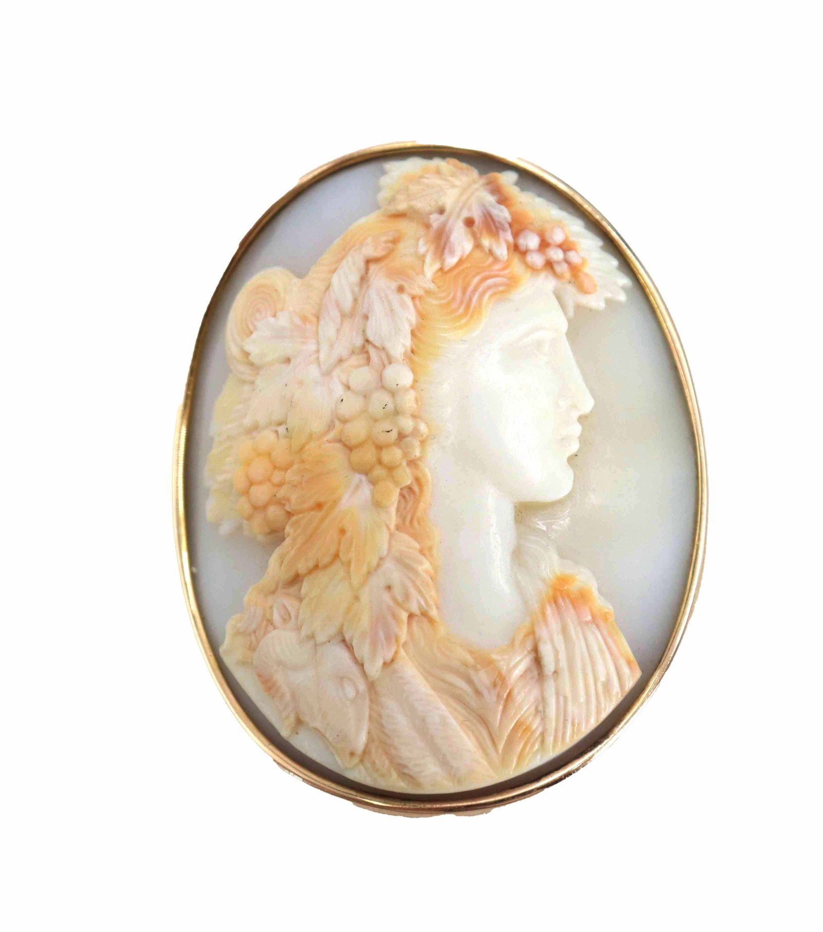 14k Yellow Gold and Carved Conch Shell Bacchante Cameo Brooch - Gross 32.1 g. (1 of 10)