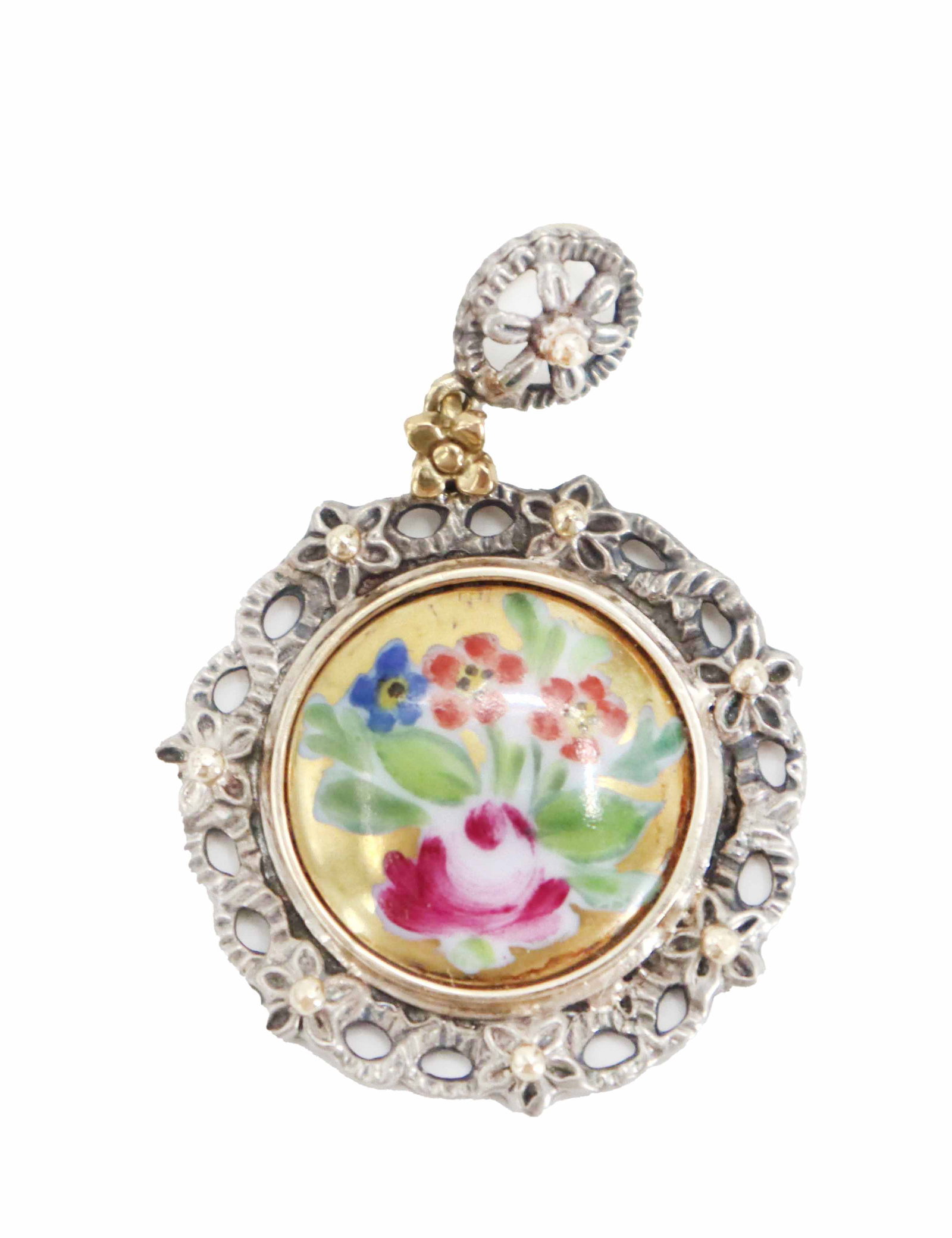 18k Gold Pendant with Hand Painted Porcelain Flowers - Gross 6.8 g. (1 of 11)