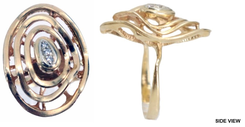 14k Gold and Diamond Ring - Gross 8.1 g.: 14k Gold and Diamond Ring. Marked on inside. Yellow gold. Round cut diamonds in center. Size: 8.5 Gross Weight: 5.2 dwt. 8.1 g. 