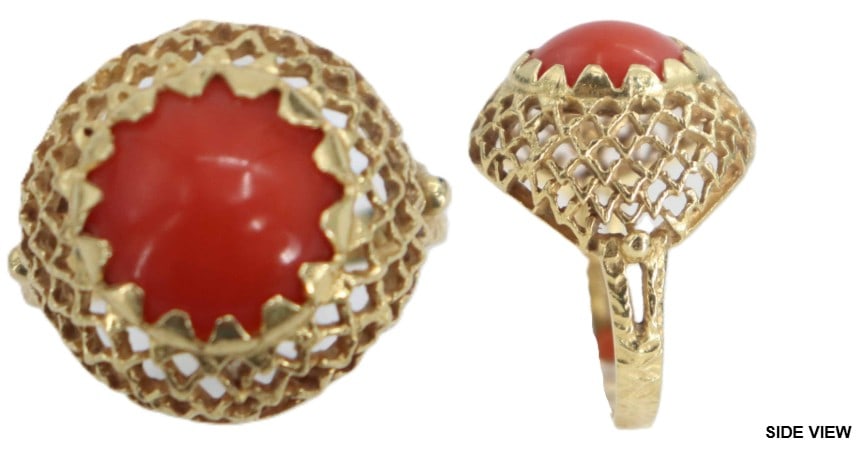 Italian 18k Gold and Coral Ring - Gross 4.5 g.: Italian 18k Gold and Coral Ring. Marked on inside. Yellow gold. Cut out design. Round, cabochon cut coral in center. Size: 6.25 Gross Weight: 2.8 dwt. 4.5 g